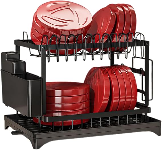 Dish Drying Rack - Dish Drainers For Kitchen Counter | 2-Tier Space Saving With Utensil Holder For Cup Mug Cutlery Sponge Tray Plate Organization Sink Counter Home Apartment Dorm Pantry | キッチンカウンター用食器乾燥ラック シンク 家庭 アパート カトラリー スポンジ トレイ 皿 整理