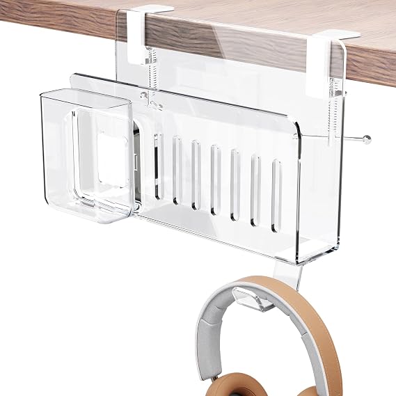 Acrylic Desk Side Storage,Under Desk Laptop Holder Storage Clamp on desk shelf,With Pen Holder and Headset Hook,Clear Desk Side Hanging Organizer accessories (transparent)
