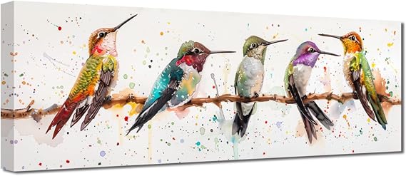 PBXBJY Large Watercolor Bird Wall Art Hummingbird Canvas Prints Modern Animal Painting 5 Hummingbirds on Branch Poster Pictures for Bathroom Living Room (8.00" x 24.00")