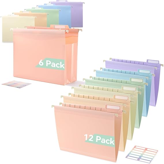 SortRax Plastic Pastel Hanging File Folders 4" Expansion and Hanging File Folders No Expansion, Letter Size Bundle