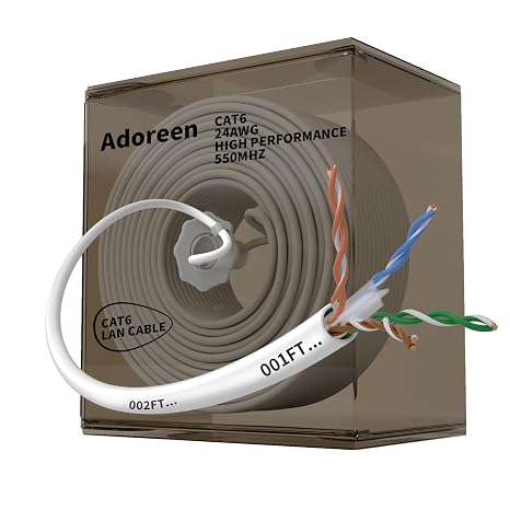 Adoreen Bulk Cat 6 Ethernet Cable 350 Ft White, Easy Pull Box, 24AWG CCA, 10Gbps 550Mhz, POE,Soft Flexible Smooth UTP Internet Network Cable-Running FT Count