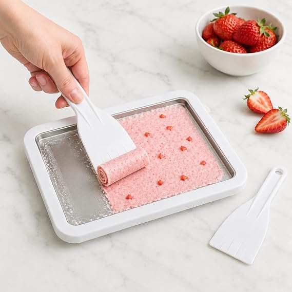 Ev Tipi Spatulalı Rulo Dondurma Tavası, Kore Tarzı Tatlı ve Yoğurt Bowl Hazırlama Aparatı, Elektriksiz Soğutma Tepsisi