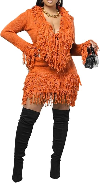 Molisry Women's Sweater Skirt Set 2 Piece Long sleeve Fringe Club Outfits