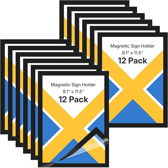 OWLKELA 12 Pack Magnetic Sign Holder, 8.5x11 Inch | Adhesive Frame, with Strong Magnet, Ideal for Office, School, Restaurant and Store