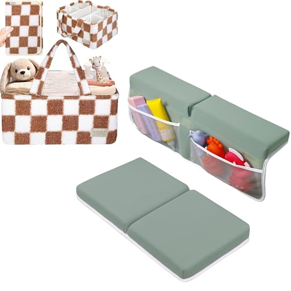 Bath Kneeler & Elbow Rest Pad Set(Green) and Checkered Diaper Caddy(Taupe & White) Bundle