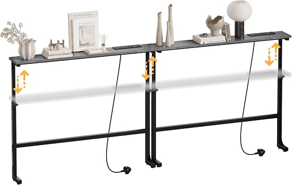 2 Pack Slim Console Table, 200cm Height Adjustable Behind Sofa Table with Charging Station for Hallway, Entryway, Living Room, Grey