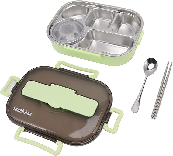 BoxLunch Container BoxLunch Storage BoxThermal Lunch BoxStainless Steel Stainless Steel Thermal Lunch Container Box with 5 Compartments, Soup Sticks Spoon for Adults Green (Green)