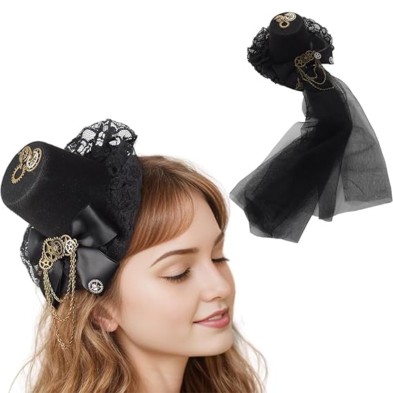 Steampunk Mini Top Hat Hairpin with Gear Chain Lace Ruffle