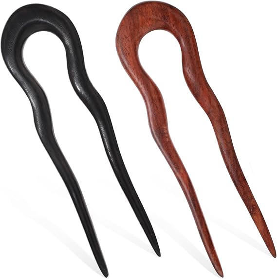 2Pcs Wooden Hair Sticks for Women U Shape Hair Forks for Long Hair Handmade Carved French Hairpin 2-Prong Vintage Wood Hair Pins for Women Girls Chignon Bun Updo Hairstyle Thin Thick Hair