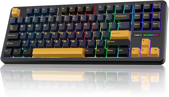 AULA F87 Wireless Gaming Keyboard Tri-mode,75% Percent Hot Swappable Custom Keyboards,Five-Layer Padding,Pre-lubed Switches,RGB Backlight,TKL Mechanical Keyboard for PC/Mac (Black&yellow)