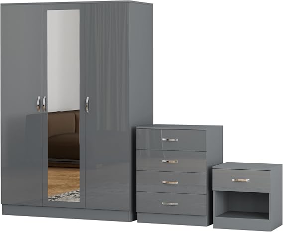 Nera Gloss Grey 3 Piece Bedroom Furniture Set 3 Door Mirrored Wardrobe 4 Drawer Chest & Bedside Table