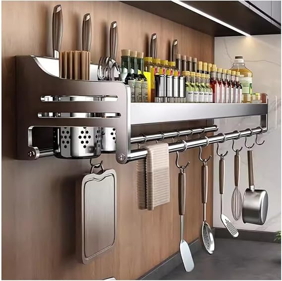 Wall Mounted Spice Rack Hanging Pot Rack Kitchen Rack Storage Shelf With Hooks Kitchen Pots Pans Organizer Shelf 2 Installation Way Easy Assembly (Size : 70cm)