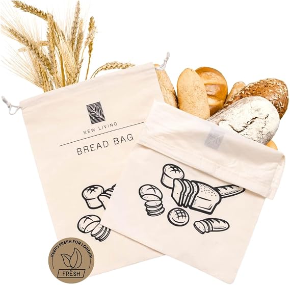 Bread Bag Size 44x35 cm | Cotton with Food Safe Plastic Lining Bread Bag | Single or 2 Pack | Makes Bread Last Longer | Eco Product | Prevent Mouldy Bread (1)