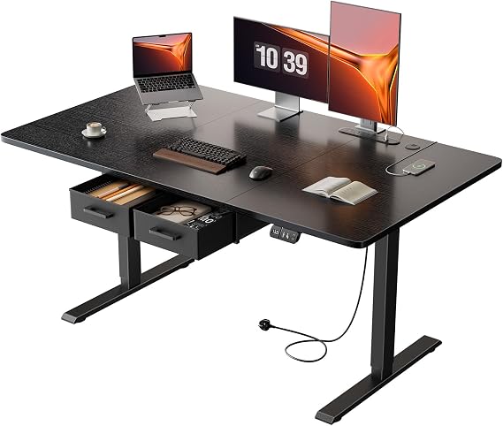 140x80cm Electric Standing Desk, 2 Drawers, Power Outlet | Height Adjustable Sit Stand Desk, 72-117 cm, 2 Memory Smart Pannel, Equipped with 3 USB Ports, Ideal for Home Office, Black