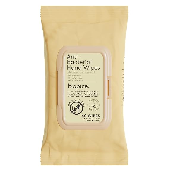 BIOPURE Antibacterial Hand Wipes Honey Wildflower - Antibacterial Wipes with Aloe and Vitamin E Formula | 5"x7" Wet Wipes Pouch | No Parabens, Sulfates or Phthalates, Kills 99% of Germs, 40 ct