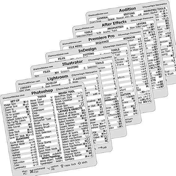 Synerlogic (10sets) for Adobe Collection 7-in-1 Quick Reference Keyboard Shortcut Sticker for Any MacBook or Windows PC