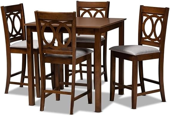 BOWERY HILL 5-Piece Wood Pub Set, Walnut Finish, Gray Upholstered Chairs, Square Table, Rubberwood and MDF Construction, Modern Design for Dining Rooms or Kitchens