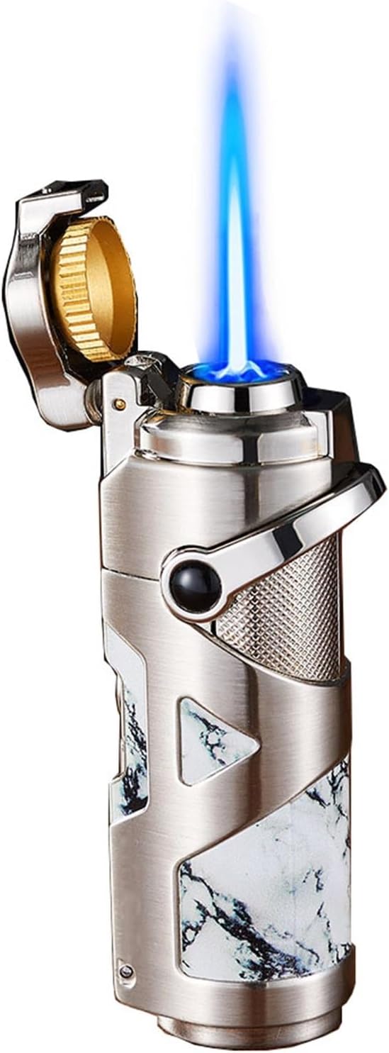 Rocker arm Windproof Blue Flame Butane Lighter, Special Cigar Lighter, Adjustable Flame Size, Recyclable Butane Gas, Suitable for Cigars, moxibustion, Campfire, Camping, Men's Gift.(B)