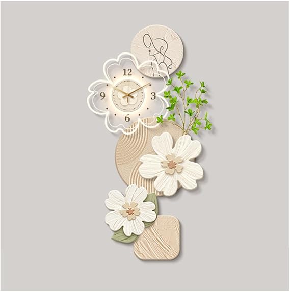 Home Decor Large Floral Wall Light Decoration with Clock and Remote Control, Adjustable Mural Clock Art(Beige,90 * 180cm)