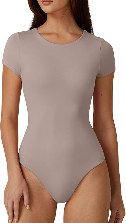 QINSEN Women's Crew Neck Short Sleeve Bodysuit Double Lined Body Suits Basic T-shirt Tops