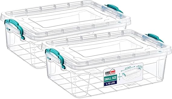 Best House| Small Plastic Storage Box with Clips & Lid |Size 1.75L (L:21.6cm W:14.5cm H:9.5cm)|Set of 2|Rectangle|Stackable Clear Durable Multipurpose Office Home Bits N Pcs(Very SMALL Size)-1.75 L