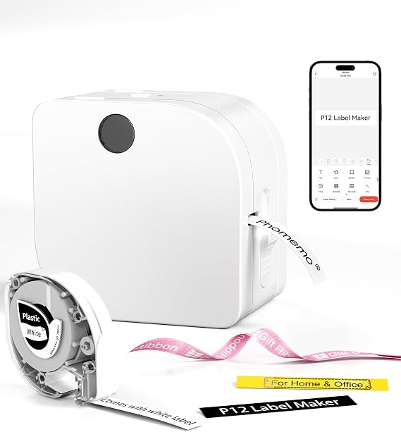 Phomemo Label Maker Machine with Tape, P12 Small Bluetooth Label Maker | Multiple Templates Thermal Transfer Ribbon Printer Machine for Home, School, Classroom, Gift Wrapping, Office, Teacher, White