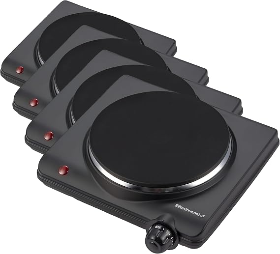 Elite Gourmet Countertop Electric Burner, 1000W Cast Iron Hot Plate, 7 Heat Settings, Portable Cooktop for RV, Dorm, Office & Small Kitchens, Road-Ready & Compact (Pack of 4)