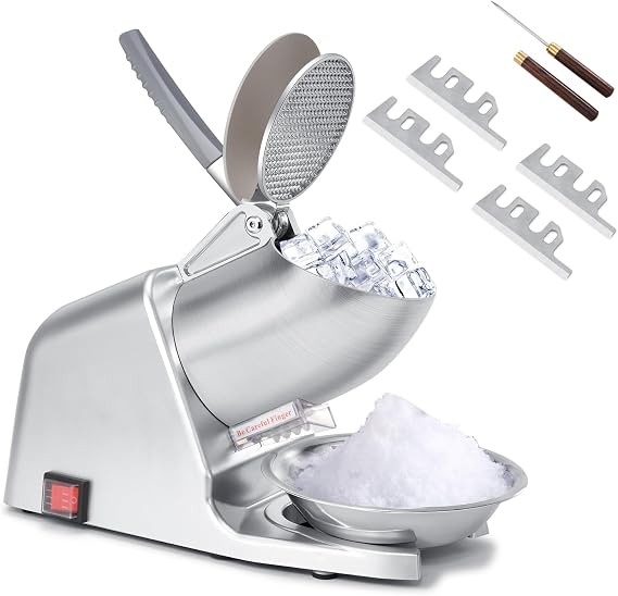 Electric Ice Shaver Machine, 4-Blade & 210 lbs/hr | 300W Ice Crusher for Home Use and Commercial, Shaved Ice Machine, Ice Grinder, Ice Pick & Extra Blades, ETL-Listed, Silver