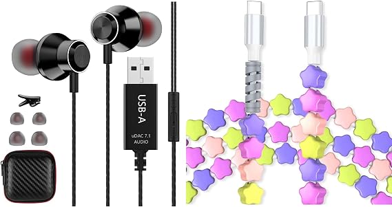 USB C Cable Beaded Star 2M 60W Fast Charger Cable,USB Headset with Microphone for PC, 8.2 FT Long Cord Computer Headphones for Laptop, Noise Cancelling Lightweight PC Earbuds with Volume Control Mute