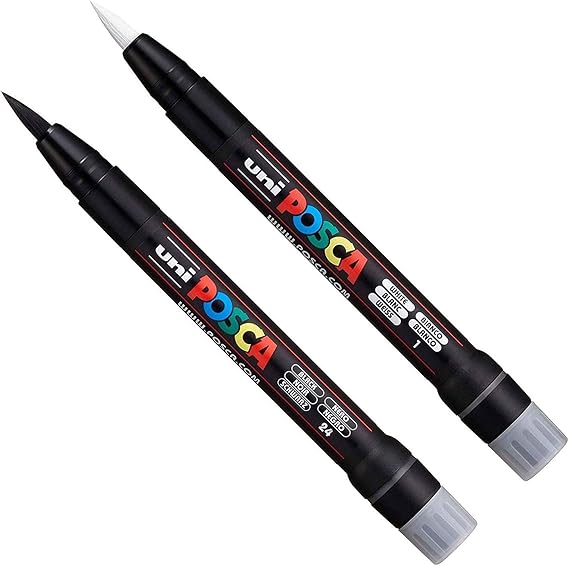 POSCA Uni PCF-350 Brush Tip Paint Marker Pen - Fabric, Glass, Metal - Black & White Set (1 of Each)