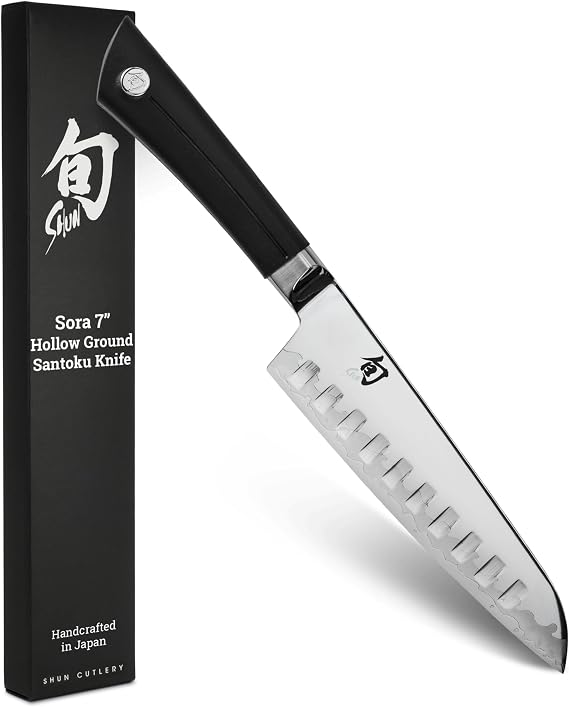 Shun Sora 7" Hollow Ground Santoku Knife, Handcrafted Japanese All Purpose Knife, VG10 Steel Edge and 420J Stainless Steel Blade, Balanced Handle, Versatile Japanese Cutting Tool