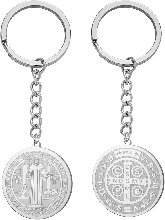 Amaxer Double Sided St Benedict Medal Keychain Stainless Steel Religious Pendant for Protection Blessing Catholic Accessories