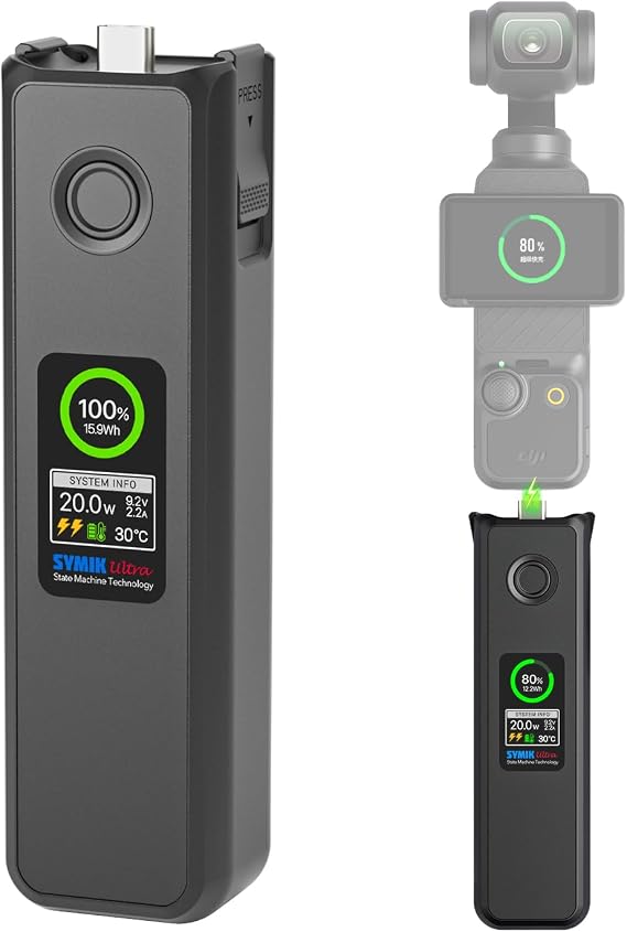 SYMIK Intelligent Battery for DJI Osmo Pocket 4P/4/3, Xtra Muse, 5000mAh | 20W PD Fast Charging, Smart LCD Display, Portable Extended Battery Handle, Pocket 4 Pro 4 3 Extra Battery, 1/4" Thread