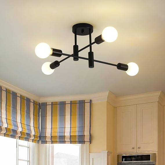 4-Light Black Sputnik Chandelier, Modern Semi Flush Ceiling Light