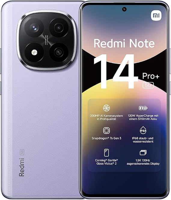 Xiaomi Redmi Note 14 Pro+ 5G smartphone, 8+256GB, purple, 200MP pro-grade AI camera, IP68, 120W HyperCharge, AI features (no charger included),