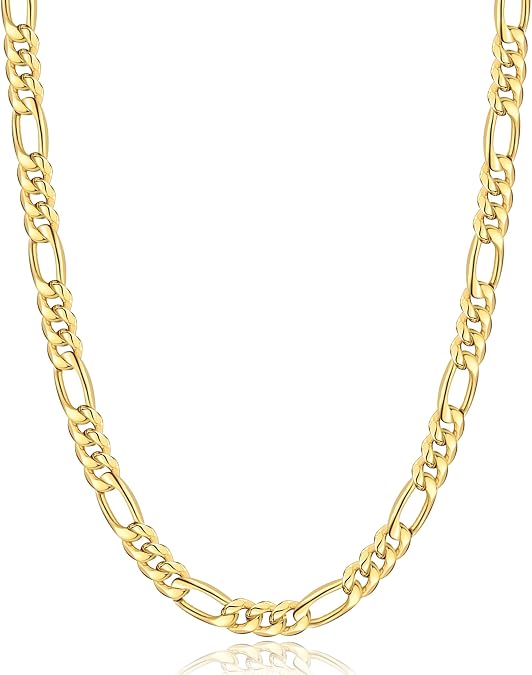 Jewlpire 5.5mm 7mm Figaro Chain 14K Gold Plated Chain Necklace for Men, Stainless Steel Durable Sturdy Mens Chains Necklace, 16 18 20 22 24 26 Inch