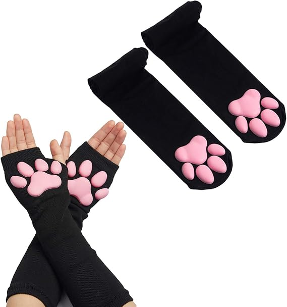 Cat Paw Thigh High Socks Golves, Cute Soft 3D Toe Beans Socks Mittens Kitten Claw Pad Socks for Girl Women Lolita Cosplay Set