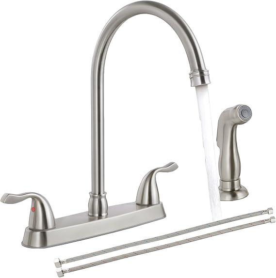 SHACO Kitchen Faucet with Side Sprayer, 2 Handle, Brushed Nickel | Lead-Free NSF Certified, High Arc, 360 Swivel Spout, 4 Hole Mount, 8 Inch Centerset Kitchen Sink Faucet with Supply Line