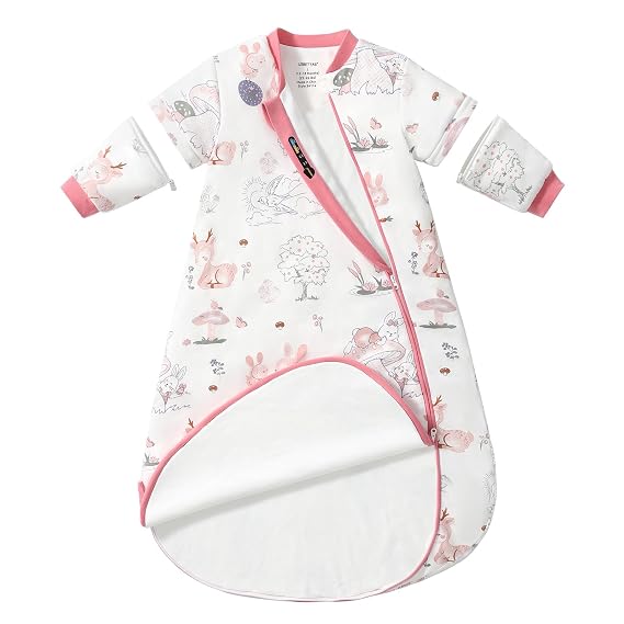 Baby Sleep Sack 612 Months, Cotton Sleep Sack with Detachable Long Sleeves, 1.0 TOG Wearable Blanket for Cooler Nights, 2-Way Zipper Toddler Sleeping Sack with Temperature Strip, Bunny
