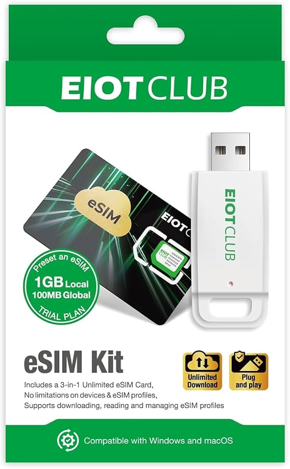 EIOTCLUB eSIM Card & Reader Bundle, Global Travel in USA/Europe/China/Japan | Physical eSIM Adapter for Unlocked Android/iPhone/Router, Unlimited Downloads, Windows & macOS Support