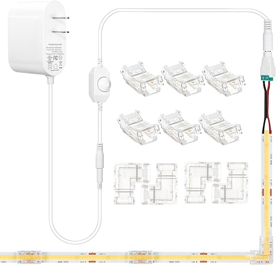 2 Pin 8mm Cob LED Strip Connector Kit and 24v Power Supply with Dimmer Switch