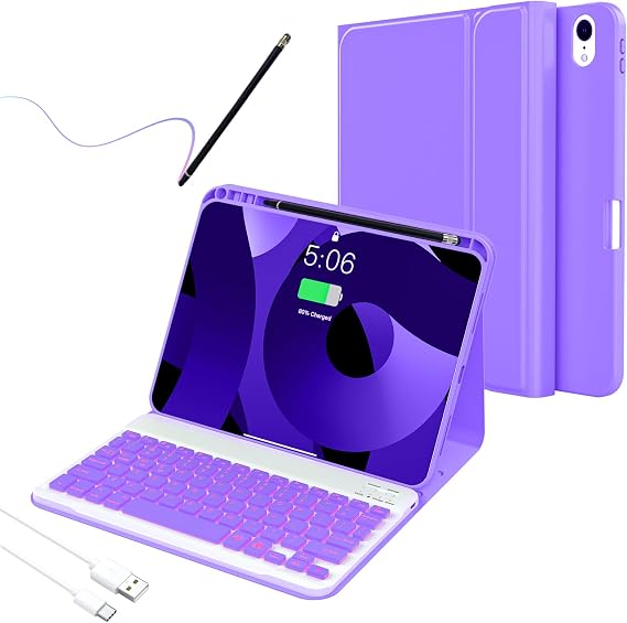 For iPad 10th Generation Case with Keyboard,Adjustable 7 Color Backlit, Detachable with Pencil Holder,Bluetooth Keyboard for 10.9 inch 2022(Included Capacitor Pen Cleaning Cloth),Lavender purple