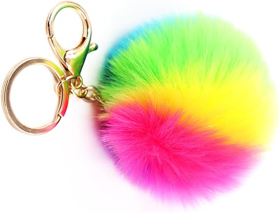 Luckious 1 PC Rainbow Plush Keychain, Plush Ball Keychain, Soft Plush Ring Keychain for Women's Handbag Backpack Charm, Car Decoration (8cm)