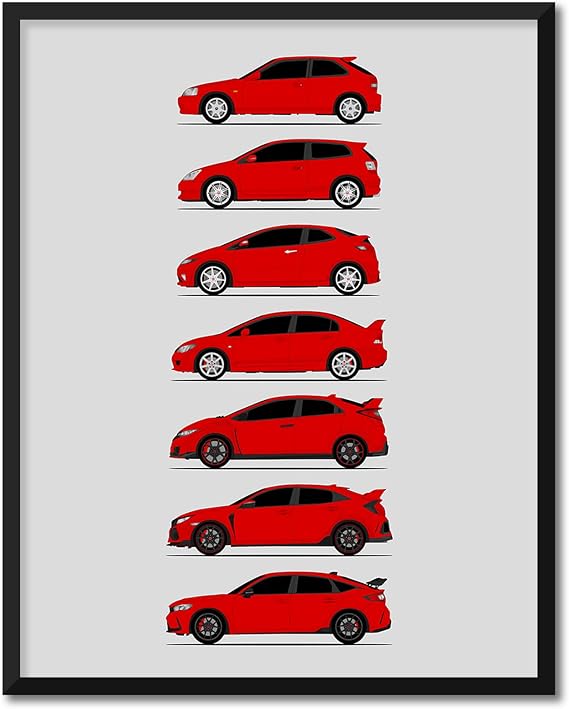 Idea Network Handmade Poster compatible with Honda Civic Type-R Generations Print Wall Art Decor of Evolution Civic Type R (EK9, EP3, FD2, FN2, FK2, FK8) - Classic Red 8x10 Satin Print