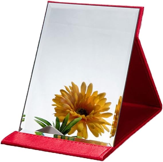 JOLY Protable PU Leather Mirror Folding Desktop Makeup Mirror with Adjustable Stand for Personal Use,Travelling (S, Red)