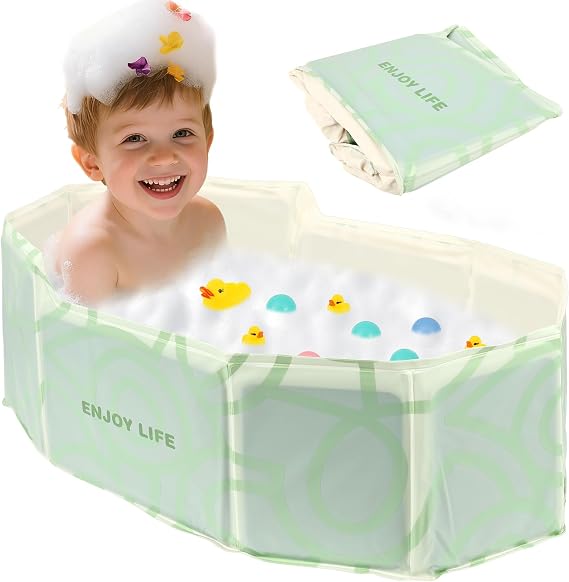 Foldable Bath Tub for Children,Portable Kid Shower Bathtub,Collapsible Kid Bath with Drain Plug, Dog Pet Wash Shower Basin,30×17.7×9.8in(Light Green)