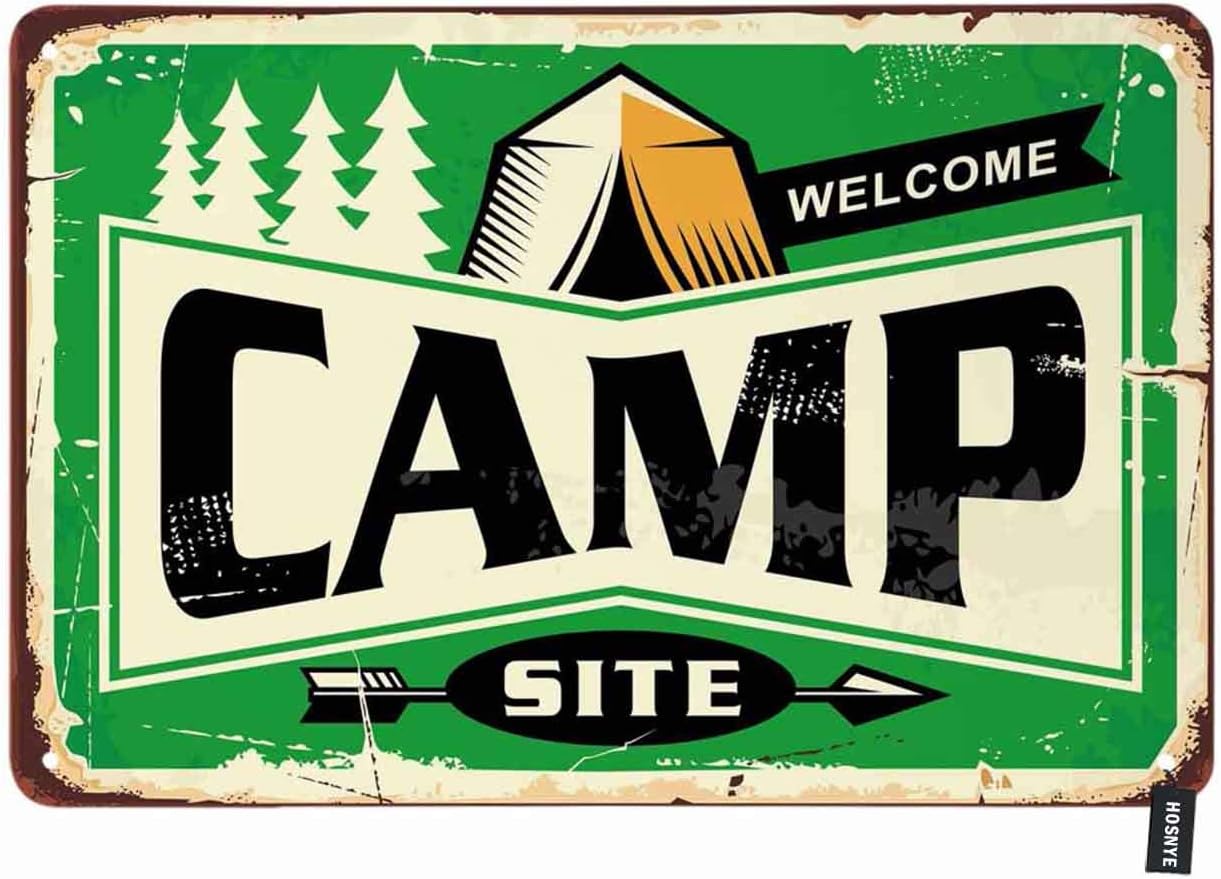 HOSNYE Camp Tin Sign Arrow Tree Botanical Adventure Campsite Outdoor Forest Picnic Nature Retro Vintage Metal Tin Signs for Men Women Wall Art Decor for Home Bars Clubs Cafes 8x12 Inch