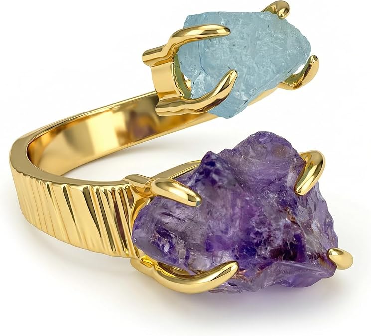 Raw Aquamarine Citrine Ring, Handmade Natural Irregular Gemstone Rings for Women, Gold Plated Open Adjustable Double Stone Rings