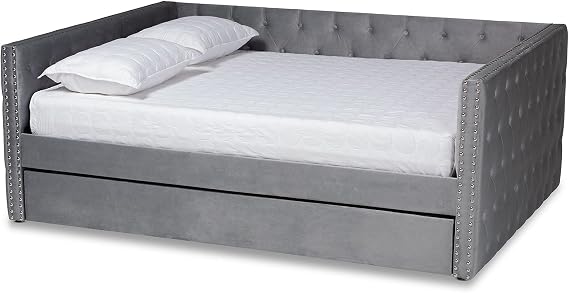 Baxton Studio Larkin Modern and Contemporary Grey Velvet Fabric Upholstered Queen Size Daybed with Trundle