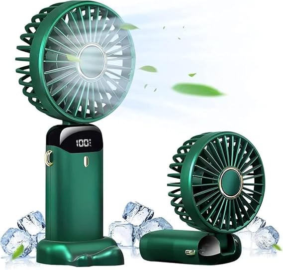 Handheld Fan with Base, Mini Portable Fan USB Rechargeable, 5 Speeds and LED Display ,5000mAh Battery Operated Desk Fan Foldable,Quiet Working for Office,Bedroom,Outdoor Activities and Travel (Green)